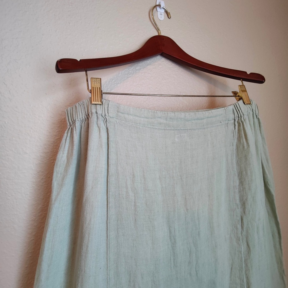 FLAX Linen Midi Skirt Green Elastic PullOn ALine Lagenlook Cottagecore Granola L - Picture 3 of 9